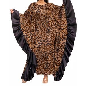 NEW KAREN T DESIGN ruffled leopard kaftan maxi dress in brown